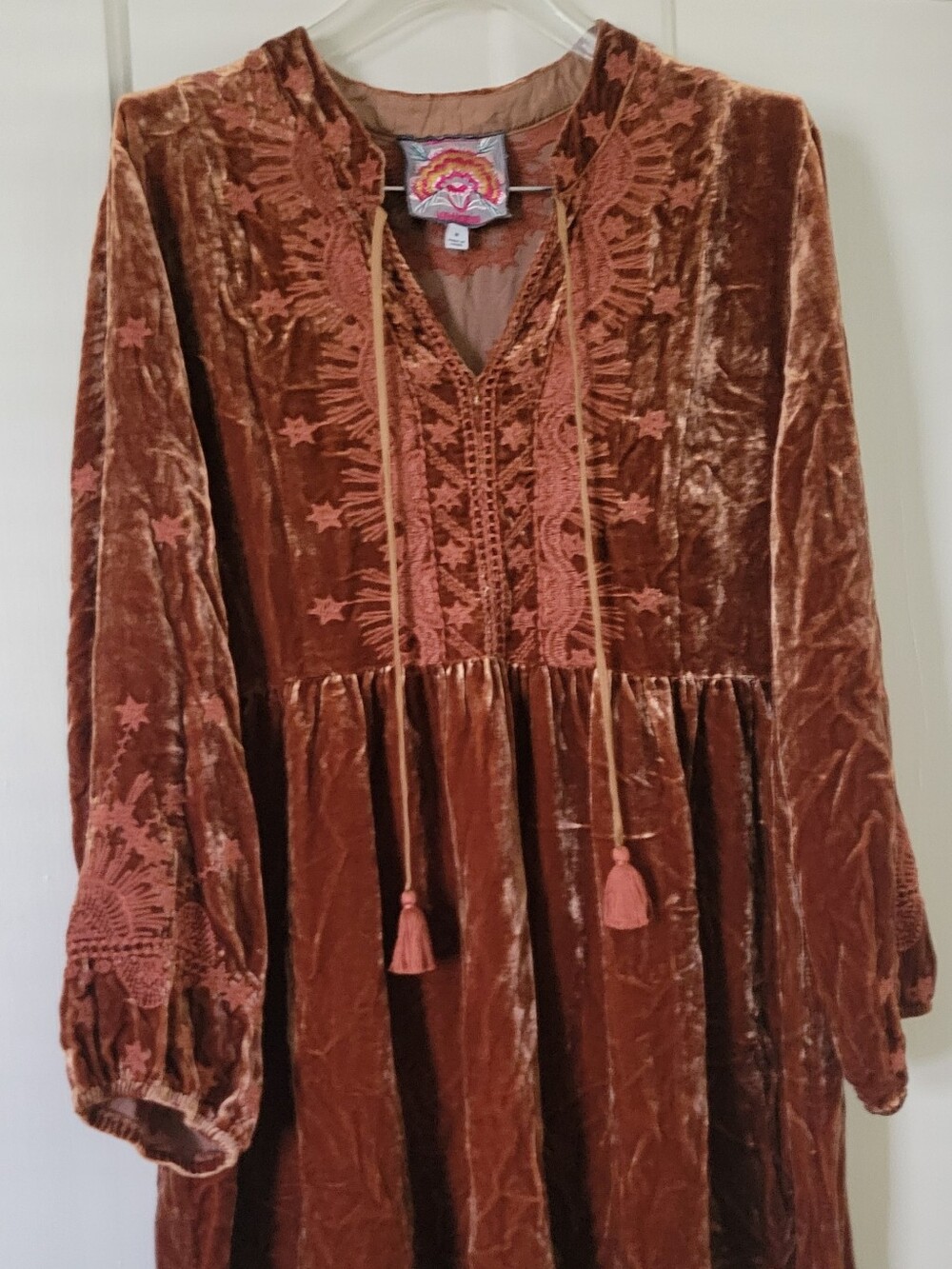 Johnny Was Velvet Embroidered Tunic Blouse in Rust